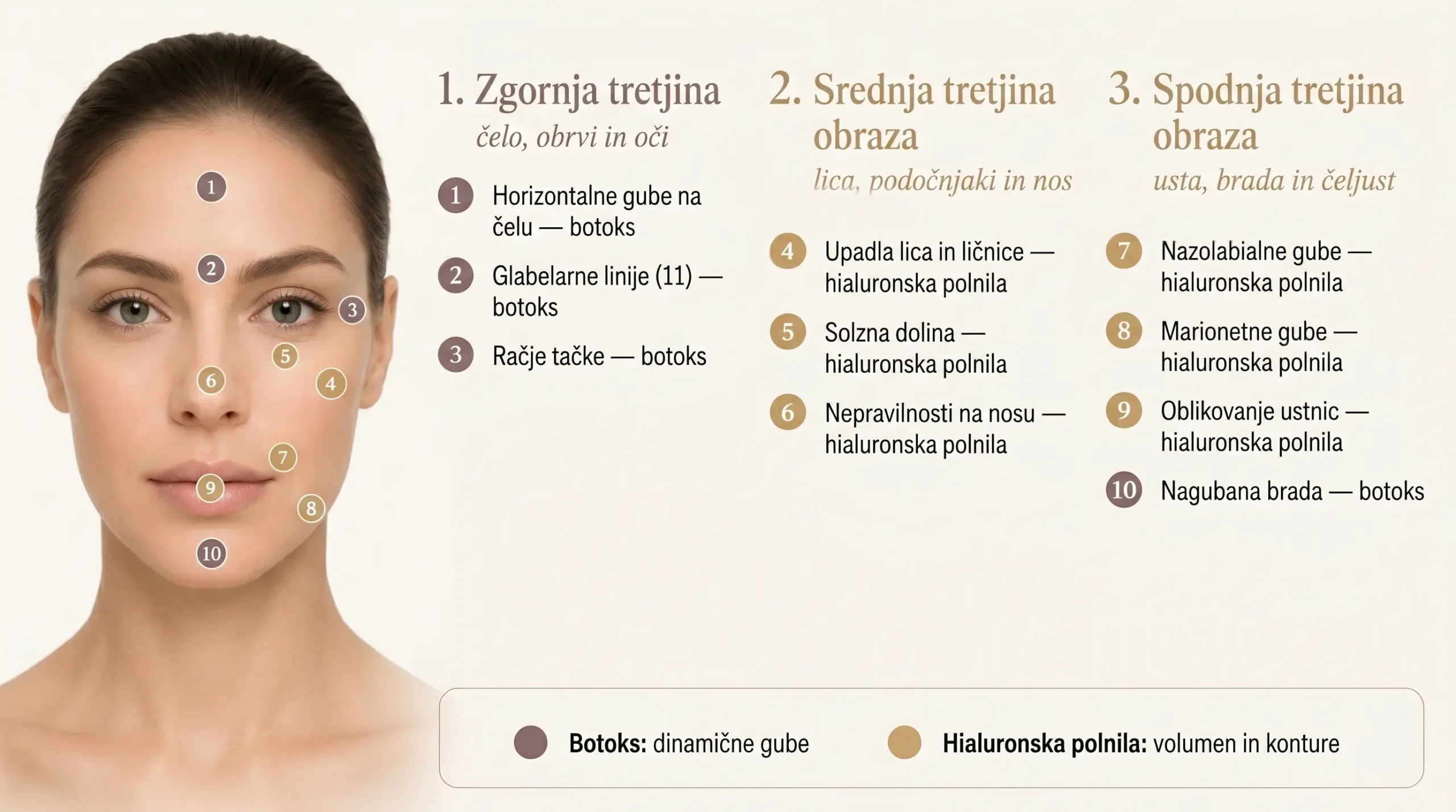 Prikaz obraznih predelov za estetsko obravnavo z botoksom in hialuronskimi polnili